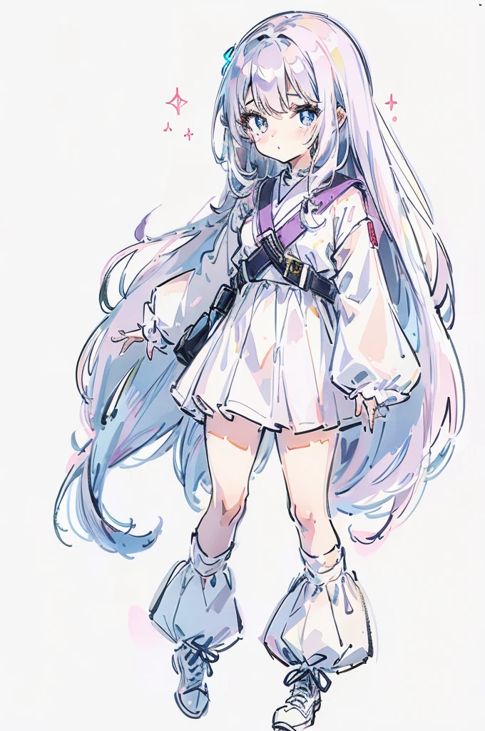 1girl, white background, kawaii, full body, simple clothes, sparkling eyes, long hair, 