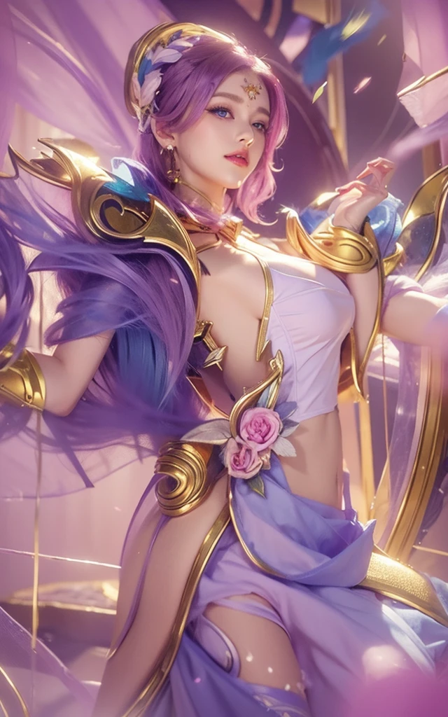 Woman with purple long hair, woman with beautiful face, woman with beautiful blue round eyes, woman with blue feather wing on her right hand, beautiful woman with pink lipstick, morning background, woman with beautiful pink flower on her blonde short hair, woman using pink skirt, woman with gold Root accessories on her body, woman on green leaf background, woman with golden accessories on her head, woman using blue dress and pink white gradient color, pink flower on her Purplehair, purple dress, i SAID purple DRESSSSS
