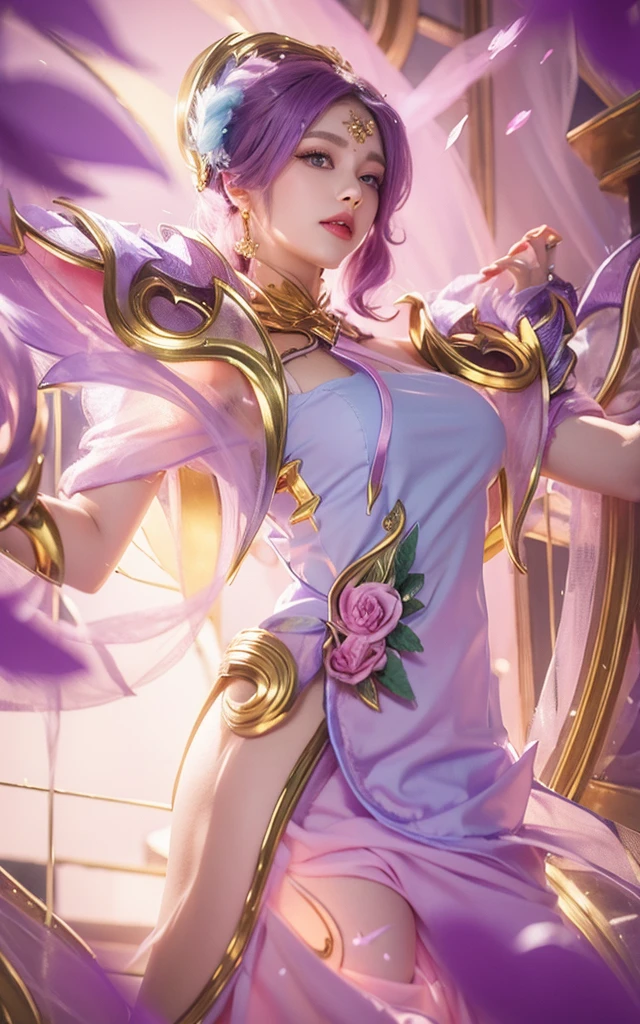 Woman with purple long hair, woman with beautiful face, woman with beautiful blue round eyes, woman with blue feather wing on her right hand, beautiful woman with pink lipstick, morning background, woman with beautiful pink flower on her blonde short hair, woman using pink skirt, woman with gold Root accessories on her body, woman on green leaf background, woman with golden accessories on her head, woman using blue dress and pink white gradient color, pink flower on her Purplehair, purple dress, i SAID purple DRESSSSS
