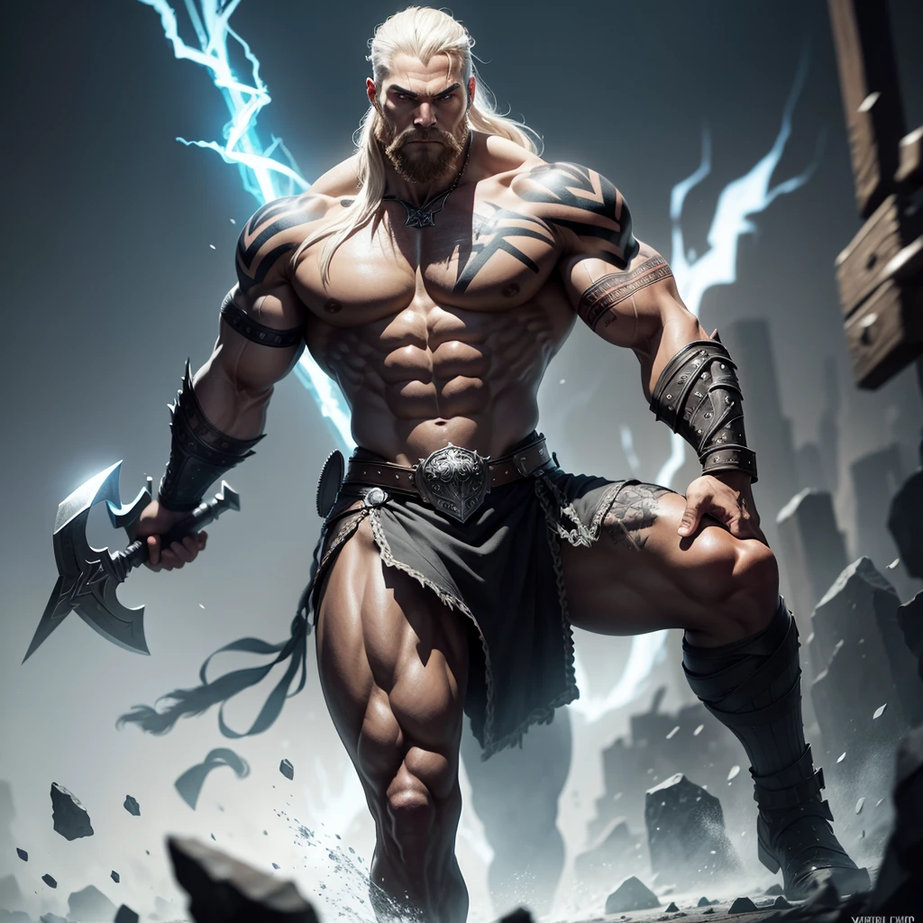 Black Viking left arm tattoo design, a full body muscular viking man, showing muscular legs, holding sword with right hand, holding a Thor&#39;s hammer with lightning in his left hand, brown hair divided with bangs, perfect realistic blue eyes, wearing warrior leather pants, wearing warrior boots, lake and mountains in the background.