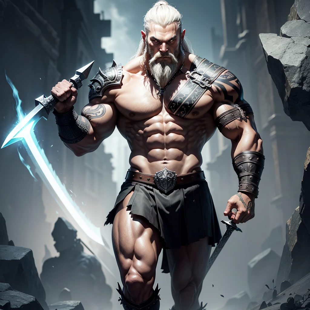 Black Viking left arm tattoo design, a full body muscular viking man, showing muscular legs, holding sword with right hand, holding a Thor's hammer with lightning in his left hand, brown hair divided with bangs, perfect realistic blue eyes, wearing warrior leather pants, wearing warrior boots, lake and mountains in the background.