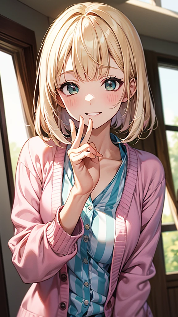 masutepiece,Detailed,high quarity,(Solo,1 teengirl),Upper body,Smile with joy:0.6,(Pink stripes (Blonde:1.2):1.3),Striped bangs,sunny morning,Morning light,sunlights,
High school students,White shirt、Pink cardigan、,good morning,Talking,Morning greetings,Parted lips,
(White balance correctly),