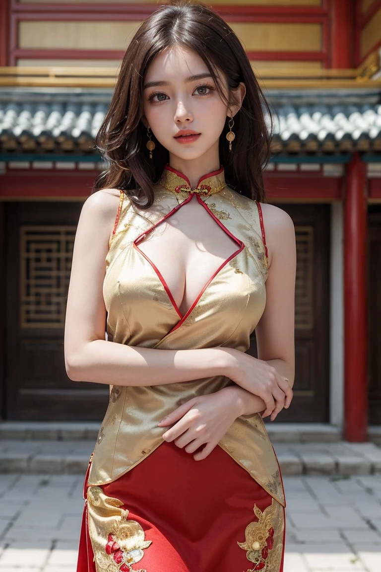 Top-quality Realistic,Official art,Highly detailed CG Unity 8k wallpaper,ultra-detailliert,hight resolution,Physically-based rendering,Magnificat,finely detail,masterpiece,Best Quality,ultra detailed, Face Light,Mature beauty,Beautiful girl,1girl,moist lips,sexy lips,Sexy smile,Gentle smile, 20 years old, Beautiful ,Smooth ,(Beautiful and radiant skin), big well-shaped breasts, beautiful cleavage,beautiful Mature body,swept bangs,(Medium hair:1.3), beautiful detailed eyes,model shoot style,Japanese Idol, Full-body,(Model posing with a historic Ming Dynasty building in the background:1.2),((Red and gold-embellished Cheongsam from the Ming Dynasty:1.5)),BREAK,(Heart shaped necklace),(Triangle ornament earrings),BREAK,looking down,from below,POV from below,gentle smile like a goddess,(breast hold:1.3),((A hug-seeking expression)),(Asking for a hug and a kiss),((The gesture of asking for a hug and a kiss))