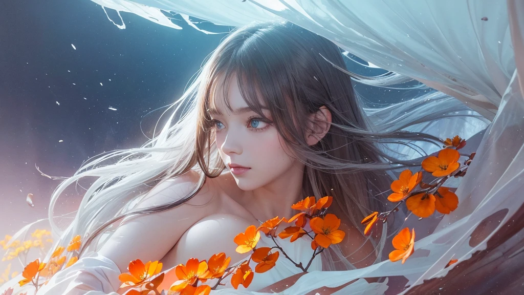 32k, Masterpiece, Highest quality, One girl, Detailed eyes, flower,Alstroemeria, White and orange style,A dreamy, romantic piece,Pale purple, Mysterious Leaves,A playful arrangement,Fantasy,High Contrast,Ink strokes,explosion,Exposure, Impression of white and orange tones,Abstract,((Watercolours by John Berkey and Jeremy Mann )) Brush strokes,Negative Space, Tyndall effect,