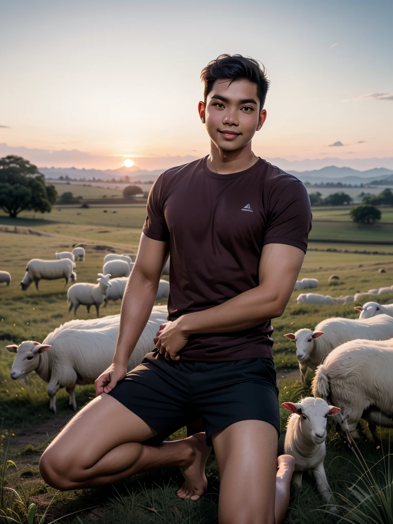 A slim Indonesian man in a brown t-shirt and black shorts, barefoot, poses lovingly with a spotless white sheep in the middle of a grassy field at sunset. A perfect harmony between man and nature is created in the breathtaking twilight beauty.