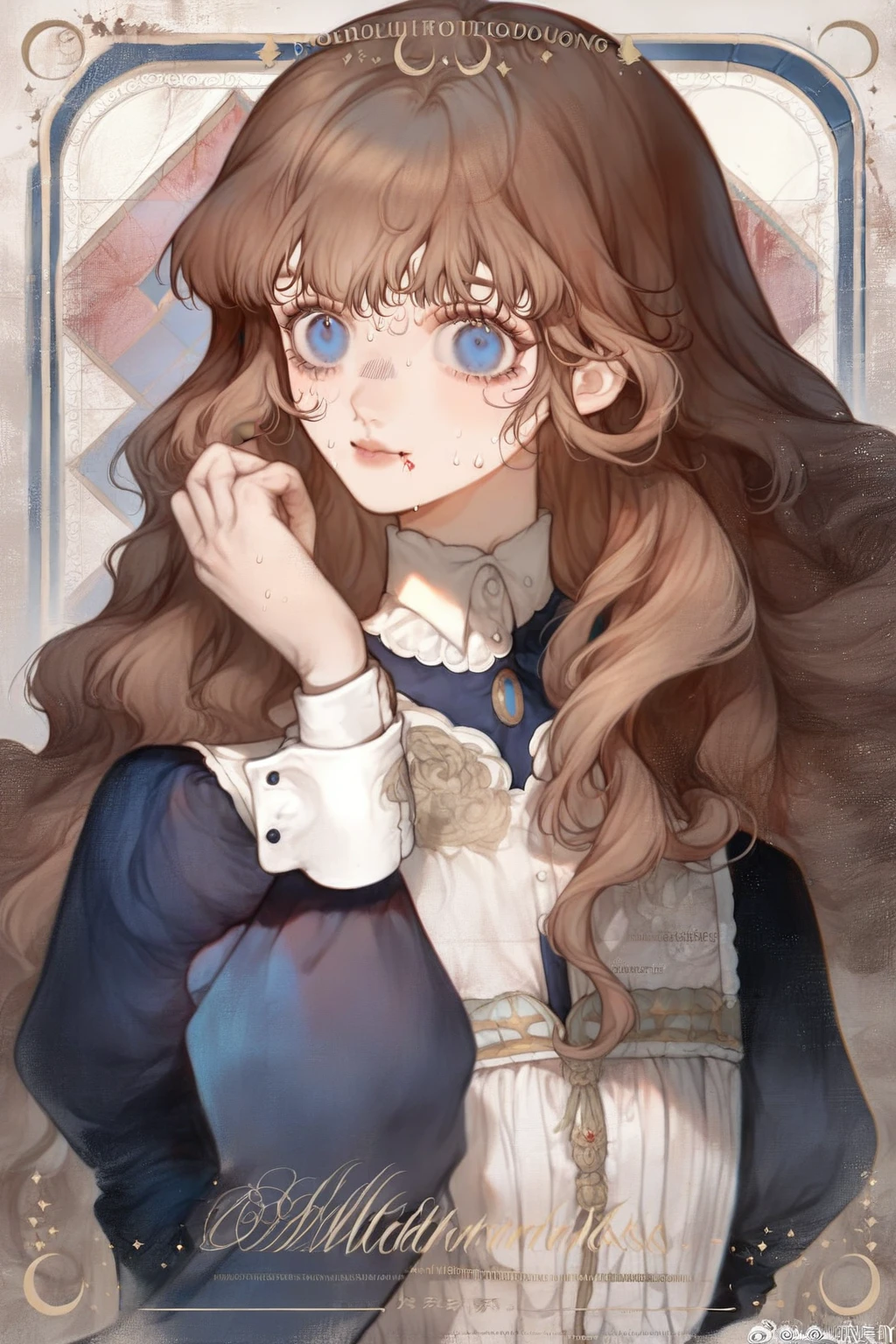 1 girl, CuteStyle, upper body, blue eyes, brown hair, long hair with bangs, flowing hair, standing in the stairwell in the entrance, white walls, iron railings, dressed in a dark blue school dress, long sleeves, white cuffs, face in blood, sweat on the face, hands in blood, walls in blood, looks at the viewer, scared look, scared smile, detailed, beautiful, atmospheric, gentle tone