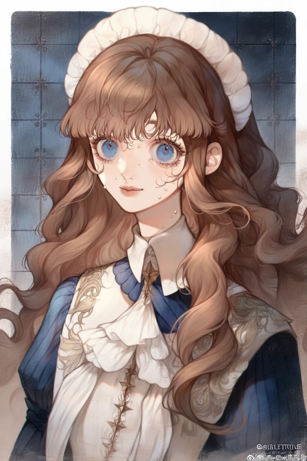 1 girl, CuteStyle, upper body, blue eyes, brown hair, long hair with bangs, flowing hair, standing in the stairwell in the entrance, white walls, iron railings, dressed in a dark blue school dress, long sleeves, white cuffs, face in blood, sweat on the face, hands in blood, walls in blood, looks at the viewer, scared look, scared smile, detailed, beautiful, atmospheric, gentle tone