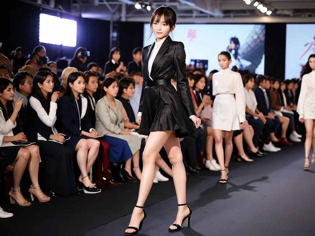 (8K分辨率,Panoramic photos from above,photorealestic,Wallpapers),(1 female,18yr old,(digital model:Nanako Matsushima :1.8),(Thin bone face,s delicate face),com rosto detalhado,(Delicate Japanese makeup),Beautiful face,hyperdetailed face,详细的脸,Black colored eyes,(Look into the distance),Long hair micro-curls,(Color gradient,Windswept hair,Messy has layers),Redlip,Fair smooth skin,(Best Skin Type:1.21),mediuml breasts,(Undershirt,long skirt,Manteau,College skirt,choker necklace,high-heels),perfect hand,Perfect posture,Dynamic Angle,Dynamic pose,Floating feeling,Ultra-fine makeup,Ultra-fine clothing material),(Stage performances,Exquisite stage details,(bird's eyes view,Vista view of the catwalk,Outdoor catwalk,Tokyo fashion show,Kansai Hanakui Contest,neonlight,The audience in the audience,Model on the catwalk)),(ardent,excited,ssmile),(Various stage lights,动态照明),(The color is bright,Bells and whistles,Reserved,ellegance(white colors,black in color,in pink,purpleish color,blue colors)),(Wide angle lens,Golden section,Cinema lenses,Hasselblad photograp,tmasterpiece:1.3),(Pure and cute,dream magical,Little woman,trendsetting,Street style,Artis,Art platform)