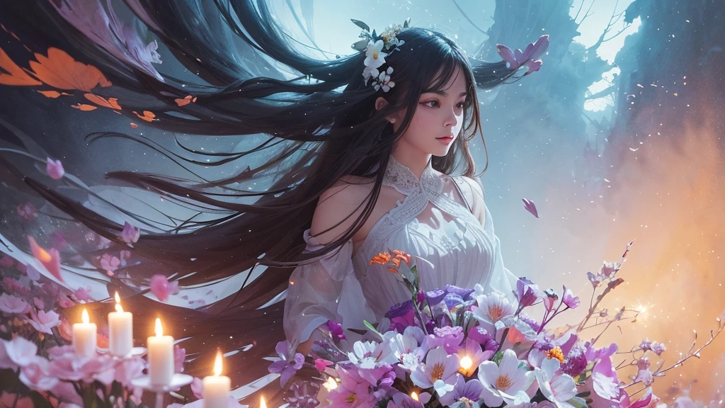 32k, Masterpiece, Highest quality, One girl, Detailed eyes, flower,Alstroemeria, White and orange style,A dreamy, romantic piece,Pale purple, Mysterious Leaves,A playful arrangement,Fantasy,High Contrast,Ink strokes,explosion,Exposure, Impression of white and orange tones,Abstract,((Watercolours by John Berkey and Jeremy Mann )) Brush strokes,Negative Space, Tyndall effect,