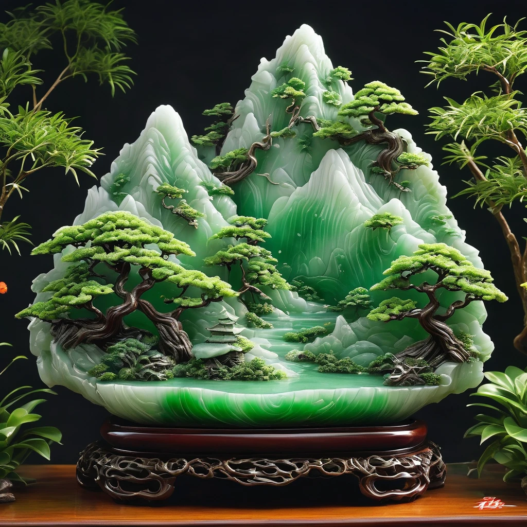best quality, very good, 16K, ridiculous, Extremely detailed, Gorgeous mountain，mountain of tree and pot relief rock, Made of translucent jadeite, Background grassland（（A masterpiece full of fantasy elements）））， （（best quality））， （（Intricate details））（8k）