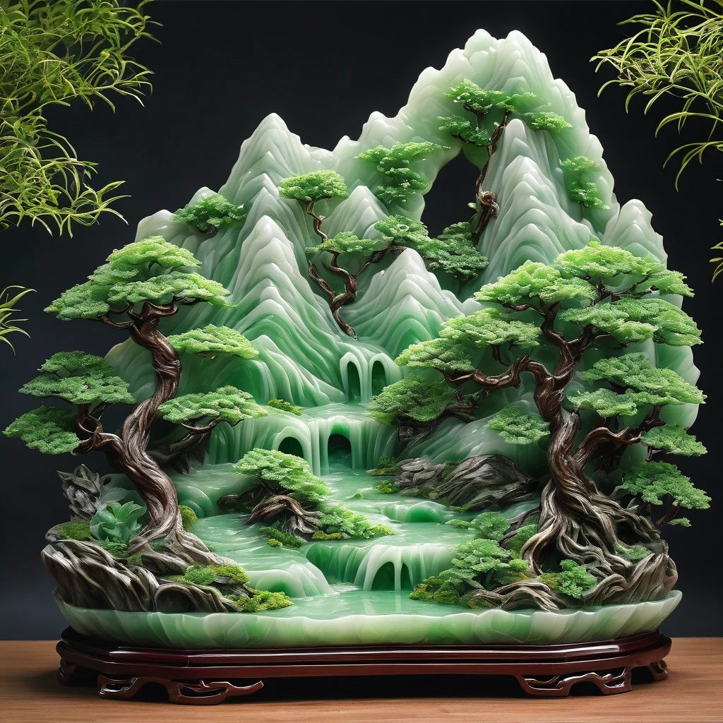 best quality, very good, 16K, ridiculous, Extremely detailed, Gorgeous mountain，mountain of tree and pot relief rock, Made of translucent jadeite, Background grassland（（A masterpiece full of fantasy elements）））， （（best quality））， （（Intricate details））（8k）