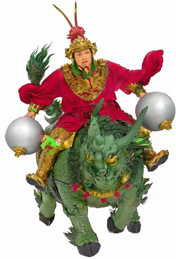 an ancient young Chinese warrior, with gold armour, a red robe, 2 hands holding the stick of silver melon hammer, riding on a fat green dragon head qilin. Green Unicorn, no beard,