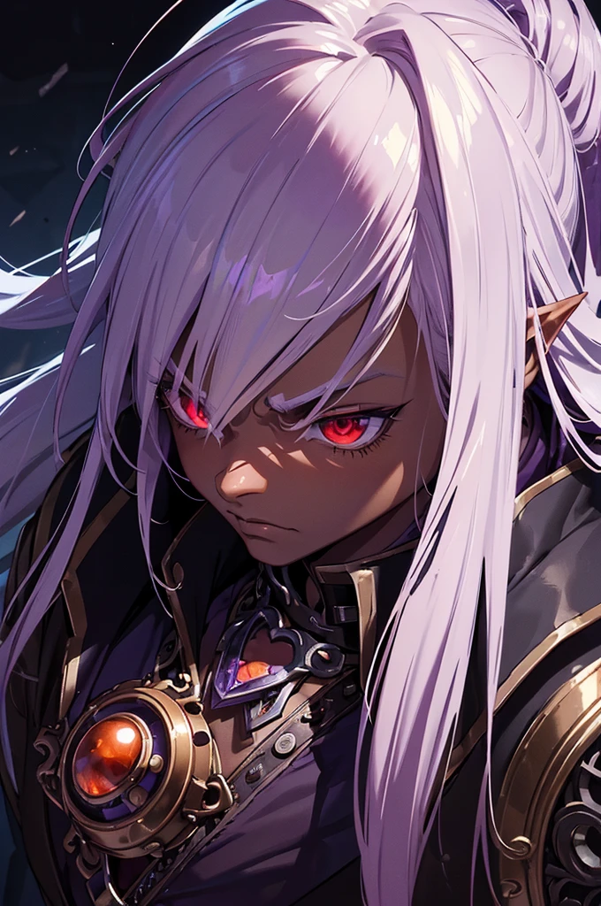 ((best quality)), ((masterpiece)), (detailed), ((boy)), ((mix between dungeonpunk and steampunk)), (serious), dark skinned, human, upper body, portrait, red eyes, long white hair, Xemnas from Kingdom Hearts, half-drow, pointy ears, serious face, dramatic lighting, purple hue, art by Kinema Citrus and Tetsuya Nomura