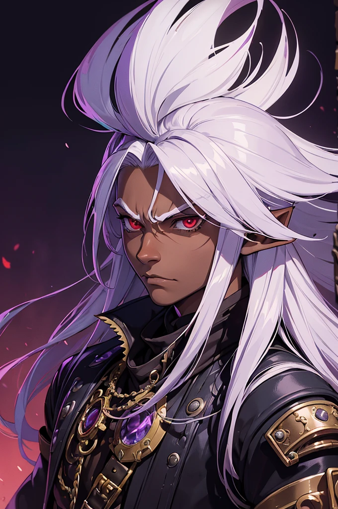 ((best quality)), ((masterpiece)), (detailed), ((boy)), ((mix between dungeonpunk and steampunk)), (serious), dark skinned, human, upper body, portrait, red eyes, long white hair, Xemnas from Kingdom Hearts, half-drow, pointy ears, serious face, dramatic lighting, purple hue, art by Kinema Citrus and Tetsuya Nomura