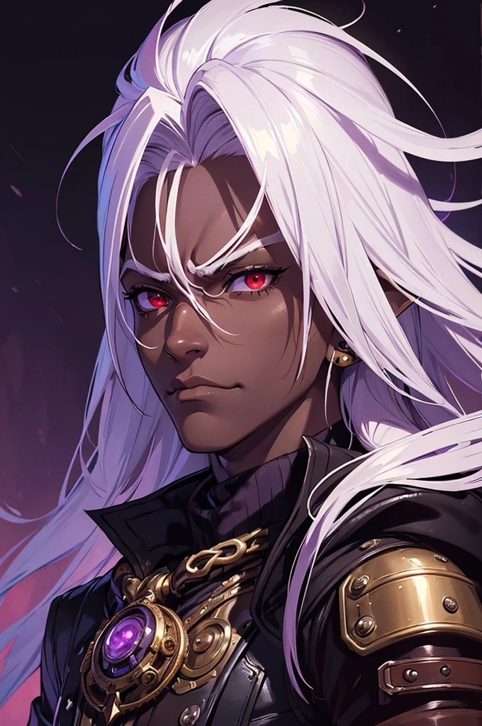 ((best quality)), ((masterpiece)), (detailed), ((boy)), ((mix between dungeonpunk and steampunk)), (serious), dark skinned, human, upper body, portrait, red eyes, long white hair, Xemnas from Kingdom Hearts, half-drow, pointy ears, serious face, dramatic lighting, purple hue, art by Kinema Citrus and Tetsuya Nomura