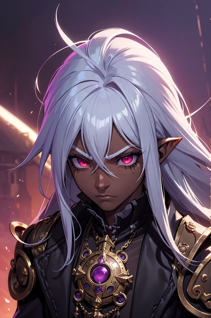 ((best quality)), ((masterpiece)), (detailed), ((boy)), ((mix between dungeonpunk and steampunk)), (serious), dark skinned, human, upper body, portrait, red eyes, long white hair, Xemnas from Kingdom Hearts, half-drow, pointy ears, serious face, dramatic lighting, purple hue, art by Kinema Citrus and Tetsuya Nomura