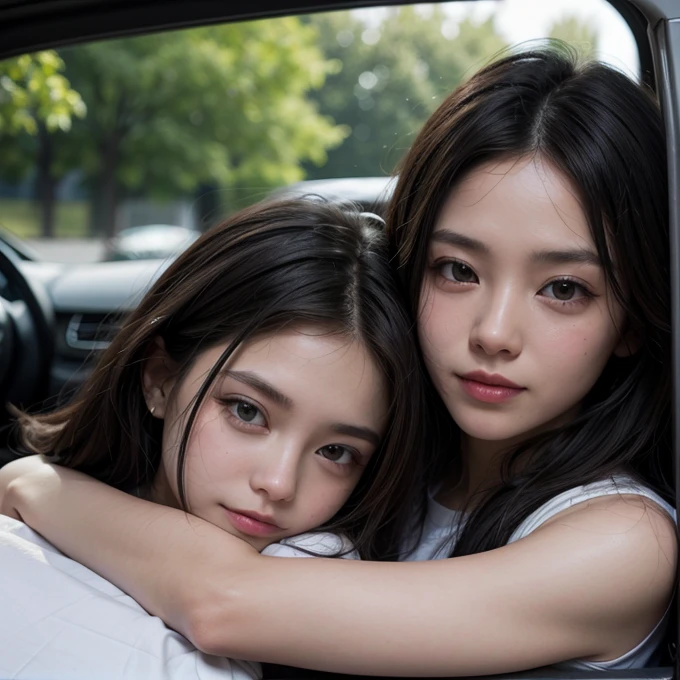 Two women, arm around the neck, sleeping inside a car