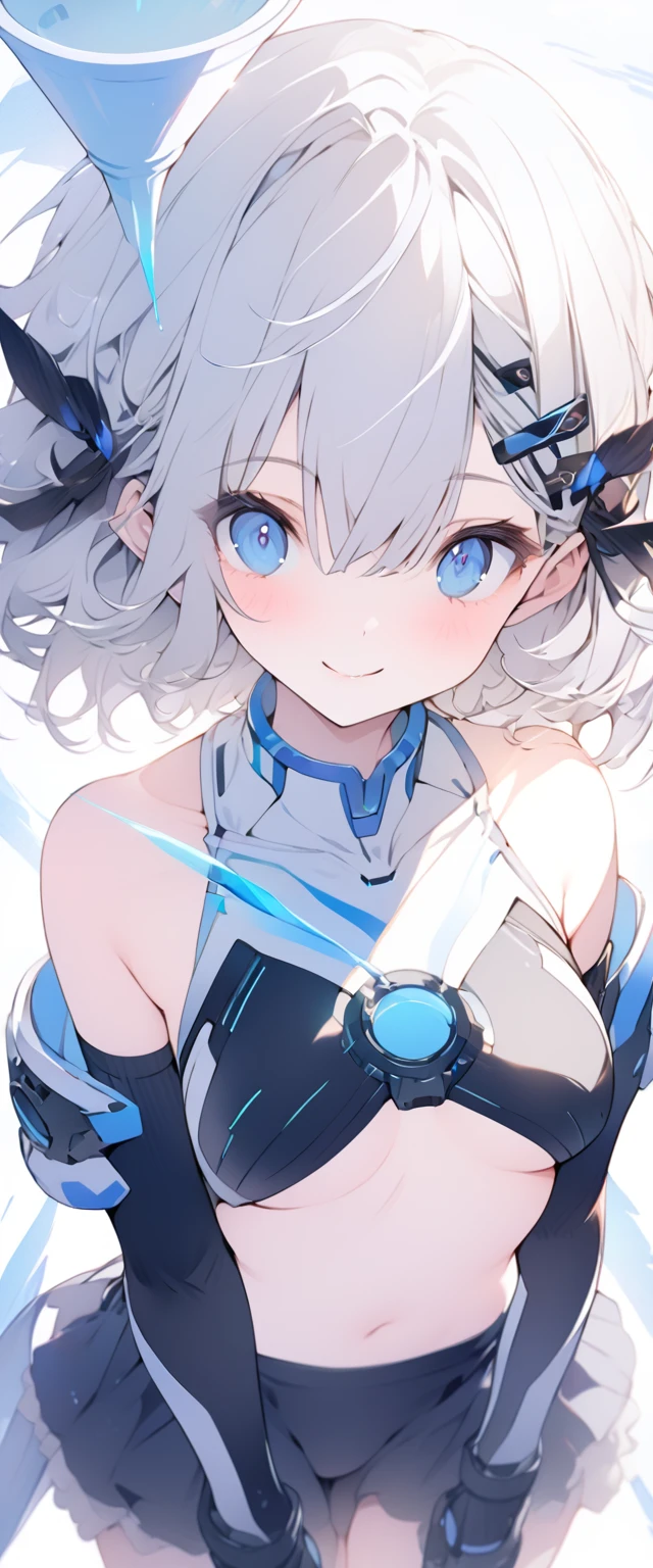 beautiful, masterpiece, Highest quality, anime, One girl, C Cup,Portrait Shot, View your viewers, Covered、Short Hair、nearby、Blue Eyes、art、、White hair,Blue streaked hair、wallpaper、hairpin、Cute smile、Thighs、navel、Floating sci-fi hair accessories、Sci-fi knee-high boots、Cute、Sci-fi underskirt、Sci-fi combat uniform、Funnel
