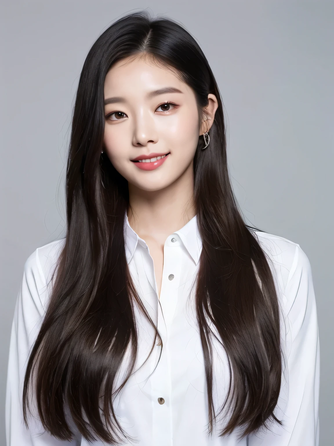 (((Best image quality,8K quality),masterpiece)), Drawing style tags: forehead, long hair:1.2, white shirt:1.1, highlighted body: 1. plum:1.2, Frontal shots:1.5, Summary of body details: refined face:1, double eyelid:1, laugh:1, Photo scene details: gray background, K-pop idol, korean, 25 years old