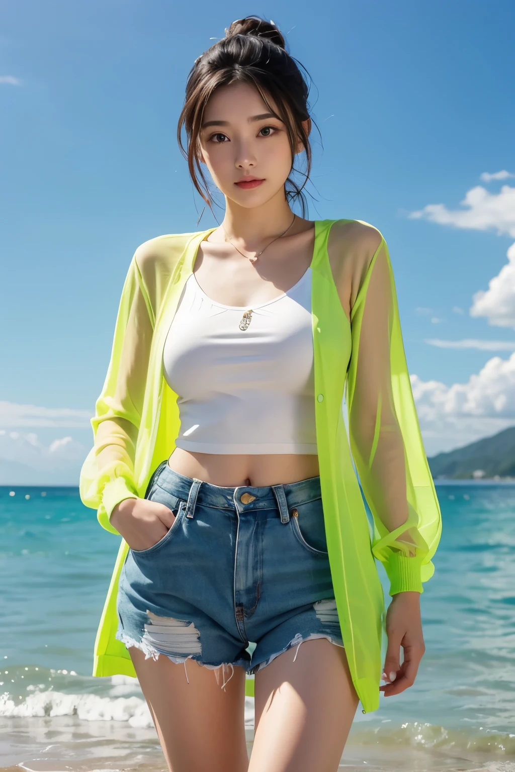 Beautiful woman on a beautiful sea background, Fluorescent yellow see-through cardigan,