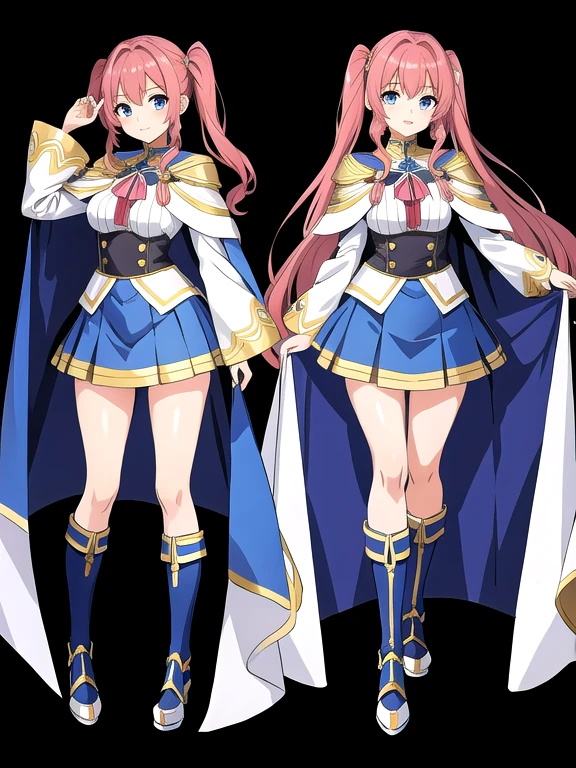 masterpiece, best quality, 2 girls, variety of hairstyles, fantasy costume, ((white background)), full body, multiple views, anime style, uniform, cape,