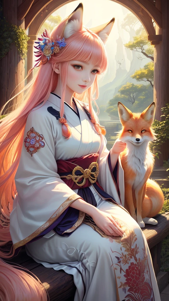 masterpiece , best quality, Close-up, masterpiece, beautiful details, colorful, delicate details, delicate lips, intricate details, genuine, ultrargenuineista, Girl with multicolored haired fox sitting on a branch:cute, light makeup, ,Colorful Fox, raposa de nine tails, Three tails Fox, Three tails Fox, onmyoji detailed art, beautiful fine art illustration, mythical creatures, Fox, beautiful digital art,shrine maiden,japanese architecture,hold hands,exquisite digital illustration, mizutsune, Inspired by mythical wild web creatures, pixiv in digital art, shining light, high contrast, Mysterious,Girl with multicolored haired fox sitting on a branch,front,looking at the camera
