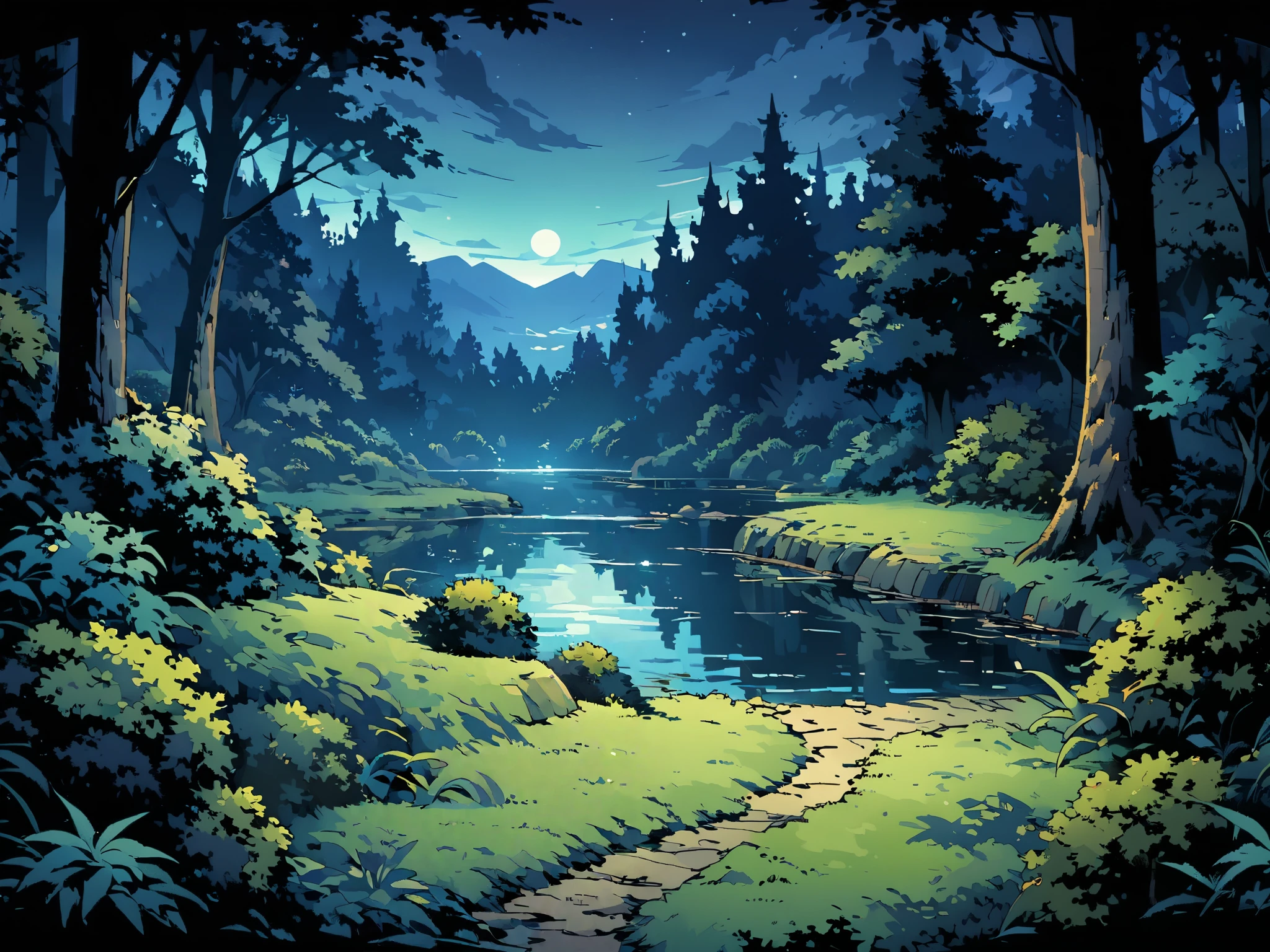 forest，forest被神秘的微光笼罩，forest有一个湖，There are only bushes and trees around the lake.，night，Night view。Mid-ground composition，Panorama pictures，Scene screen，Game concept art style，Anime illustration style，HD，4K。