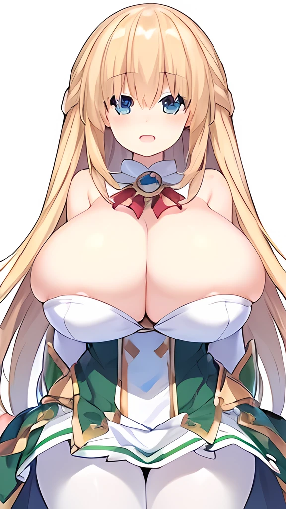 (8k, RAW photo, best quality, masterpiece:1.2), 1girl,solo, curvy, blonde hair, blue eyes, blush, smile, :D, huge breasts, long hair, looking at viewer, white pantyhose, green and white dress, white gloves,, (vert_/neptune series/:1.1)