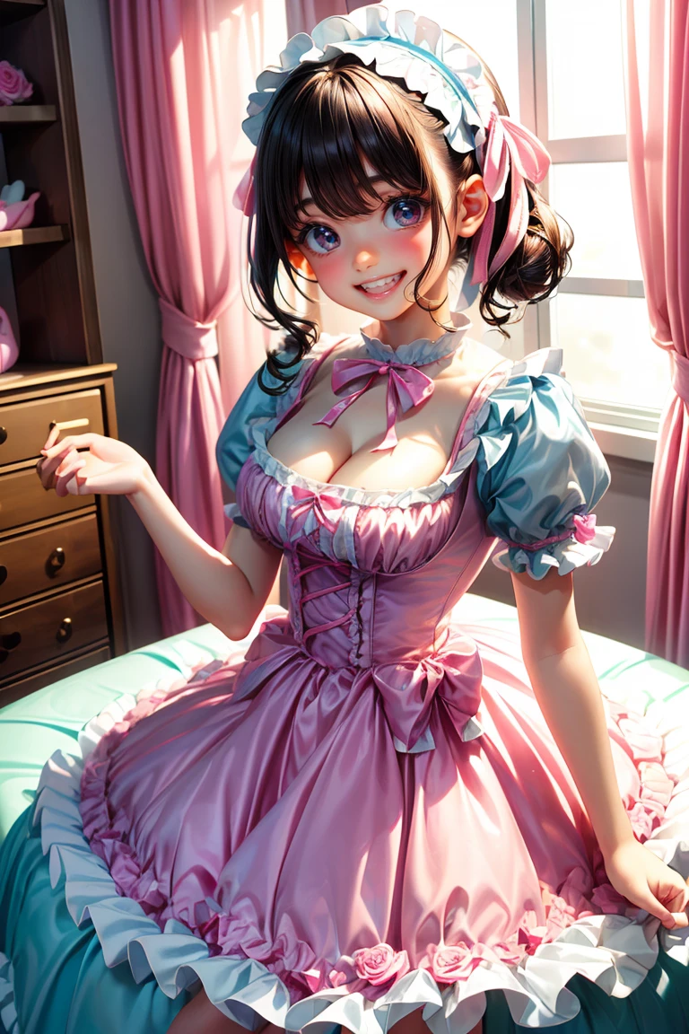 (Highest quality、masterpiece、8K、Best image quality、Hyperrealism、Award-winning works)、One Lolita girl、(alone:1.1)、(1 photo:1.1)、(Cute and girly light pink ruffled open chest lolita dress:1.2)、Girly lace decoration、Cute frill decoration、Cute wavy hair、(Low length:1.1)、(height: 140cm:1.1)、(Big Breasts:1.3)、(Cleavage:1.3)、(Cute heart ornament:1.1)、Lots of cute frills、Big cute ribbon、Accentuate your body lines、Slender body、(Intricate lolita room background with lots of pastel colored furniture:1.1)、(Light blue and light pink lolita dream room:1.1)、(Lots of cute pastel-colored furniture:1.2)、(Cute light blue chest:1.2)、(Cute light blue desk:1.2)、(Cute light pink dressing table:1.3)、(Lots of cute furniture, Perfectly organized:1.1)、(Cute girly curtains in pastel colors:1.1)、(very bright and vivid:1.1)、(Beautiful walls with cute decorations in pastel colors:1.1)、Blurred Background、Standing gracefully in the center of the room、(Accurate anatomy:1.1)、Perfect Makeup、Long eyelashes、Glossy Lips、Ultra HD glossy skin、(Ultra-high resolution, bright and beautiful skin:1.2)、超高精細のGlossy Lips、Ultra-high resolution beautiful teeth、(Voluptuous body:1.1)、Cute heart symbol、wide々Stylish Lolita Room、(Rose vase:1.1)、(Light pours in through beautifully decorated windows.:1.1)