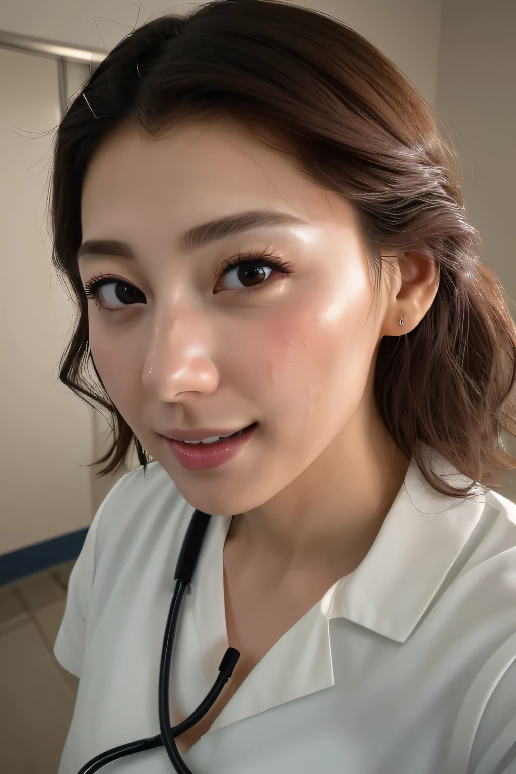 Beautiful Japanese actresses((1 nurse,White nurse uniform、White nursing short cap,white,Short length white tight skirt,,Look at me with a lol face,looking at the camera,Looking at the camera,Treatment room in the hospital, Get close to her and take a photo)),Very detailedface、Put the stethoscope around your neck,double eyelid、white and clean teeth,Brown eyes,Accentuate your body lines,笑face at me lovingly、Gentle expression、Beautiful Lips,Detailed description of the hospital room background,Perfect lighting、Award-winning works,Tabletop,Natural light,Natural soft light)),((looking at the camera,笑face,White Teeth,A big 笑face,A big smiley face looking at the camera),((High-quality RAW color photos, Professional photos, Very delicate and beautiful, Very detailed,finely, Large file size,Best image quality,8K,Photos taken with a single-lens reflex camera、Very intricate detail, 120K, ultra HD, masterpiece)),(Big chest cleavage:1.3), Close the chest、horse riding,Lure, Shooting from below((Prominent Nose))(medium breasts)((face,chest,Thighs shining with sweat))Her left ring finger wedding ring,((peeing,Peeing