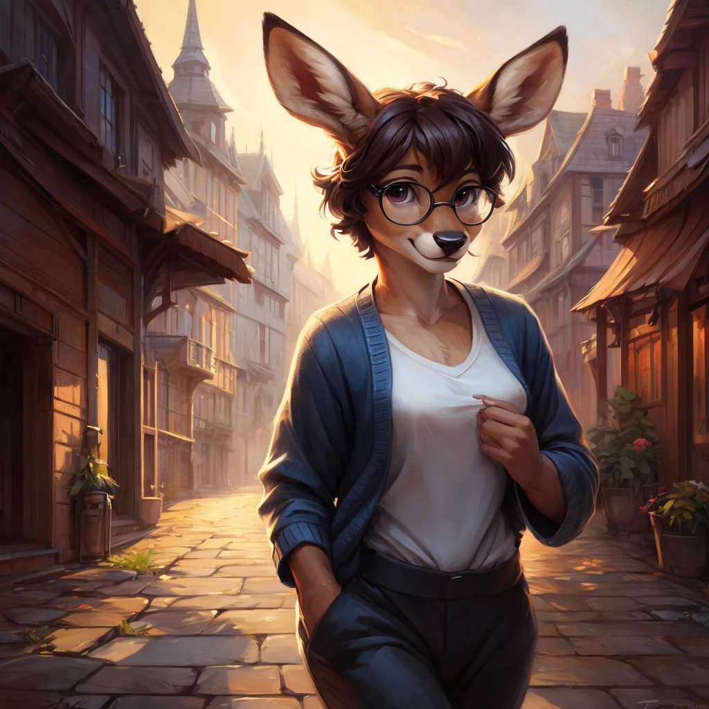 uploaded on e621, by Pixelsketcher, by Bayard Wu, by Thomas Benjamin Kennington , by Einshelm, by hioshiru and kenket, Chunie, portrait, solo anthro female deer doe, tiny featureless breasts, tiny breasts, clear dark blue, cinematic lighting, day, sunny day, walking outside, old town background, french town background, old french background, shiny, short curly dark brown hair, short hair, wears big black nerd glasses, very very beautiful furry art, furry art, thoughtful, shiny, feminine, cute face, muzzle, fluffy chest, flawless face, Fallow deer, 1girl, Sakimichan is beautiful, Masterpiece, Wavethesallow Face, shiny, Detailed image, portrait, Detailed image, portrait, wears pure black wide cardigan under that a white t-shirt, wears a short comfortable and wide black fabric trousers, shiny, realistic face, perfect anatomy, hourglass body, anthropomorphic deer, happy, very happy, small ears, huge black nerd glasses, wide happy eyes, look at viewer, smiles, big smile, hourglass body, (furry body:1.1), anthropomorphic deer, small fluffy tail, detailed background, (cute anatomy:1.1)
