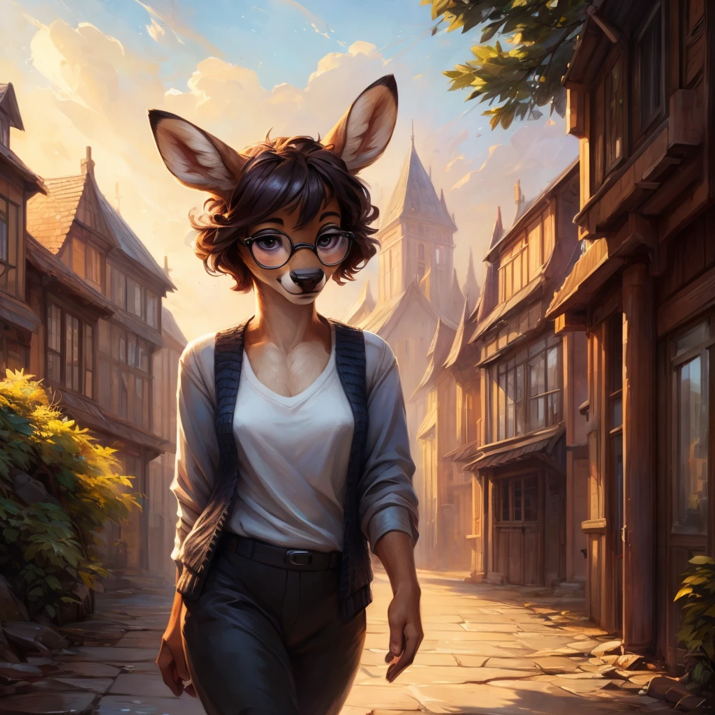 uploaded on e621, by Pixelsketcher, by Bayard Wu, by Thomas Benjamin Kennington , by Einshelm, by hioshiru and kenket, Chunie, portrait, solo anthro female deer doe, tiny featureless breasts, tiny breasts, clear dark blue, cinematic lighting, day, sunny day, walking outside, old town background, french town background, old french background, shiny, short curly dark brown hair, short hair, wears big black nerd glasses, very very beautiful furry art, furry art, thoughtful, shiny, feminine, cute face, muzzle, fluffy chest, flawless face, Fallow deer, 1girl, Sakimichan is beautiful, Masterpiece, Wavethesallow Face, shiny, Detailed image, portrait, Detailed image, portrait, wears pure black wide cardigan under that a white t-shirt, wears a short comfortable and wide black fabric trousers, shiny, realistic face, perfect , hourglass body, anthropomorphic deer, happy, very happy, small ears, huge black nerd glasses, wide happy eyes, look at viewer, smiles, big smile, hourglass body, (furry body:1.1), anthropomorphic deer, small fluffy tail, detailed background, (cute :1.1)
