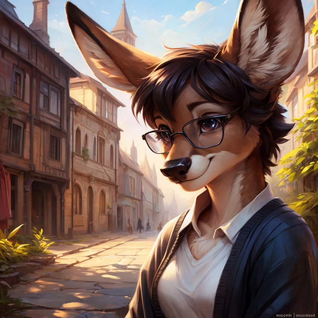 uploaded on e621, by Pixelsketcher, by Bayard Wu, by Thomas Benjamin Kennington , by Einshelm, by hioshiru and kenket, Chunie, portrait, solo anthro female deer doe, tiny featureless breasts, tiny breasts, clear dark blue, cinematic lighting, day, sunny day, walking outside, old town background, french town background, old french background, shiny, short curly dark brown hair, short hair, wears big black nerd glasses, very very beautiful furry art, furry art, thoughtful, shiny, feminine, cute face, muzzle, fluffy chest, flawless face, Fallow deer, 1girl, Sakimichan is beautiful, Masterpiece, Wavethesallow Face, shiny, Detailed image, portrait, Detailed image, portrait, wears pure black wide cardigan under that a white t-shirt, wears a short comfortable and wide black fabric trousers, shiny, realistic face, perfect anatomy, hourglass body, anthropomorphic deer, happy, very happy, small ears, huge black nerd glasses, wide happy eyes, look at viewer, smiles, big smile, hourglass body, (furry body:1.1), anthropomorphic deer, small fluffy tail, detailed background, (cute anatomy:1.1)