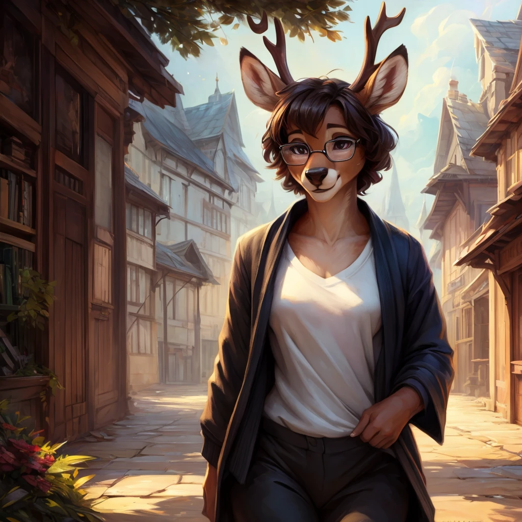 uploaded on e621, by Pixelsketcher, by Bayard Wu, by Thomas Benjamin Kennington , by Einshelm, by hioshiru and kenket, Chunie, portrait, solo anthro female deer doe, tiny featureless breasts, tiny breasts, clear dark blue, cinematic lighting, day, sunny day, walking outside, old town background, french town background, old french background, shiny, short curly dark brown hair, short hair, wears big black nerd glasses, very very beautiful furry art, furry art, thoughtful, shiny, feminine, cute face, muzzle, fluffy chest, flawless face, Fallow deer, 1girl, Sakimichan is beautiful, Masterpiece, Wavethesallow Face, shiny, Detailed image, portrait, Detailed image, portrait, wears pure black wide cardigan under that a white t-shirt, wears a short comfortable and wide black fabric trousers, shiny, realistic face, perfect anatomy, hourglass body, anthropomorphic deer, happy, very happy, small ears, huge black nerd glasses, wide happy eyes, look at viewer, smiles, big smile, hourglass body, (furry body:1.1), anthropomorphic deer, small fluffy tail, detailed background, (cute anatomy:1.1)