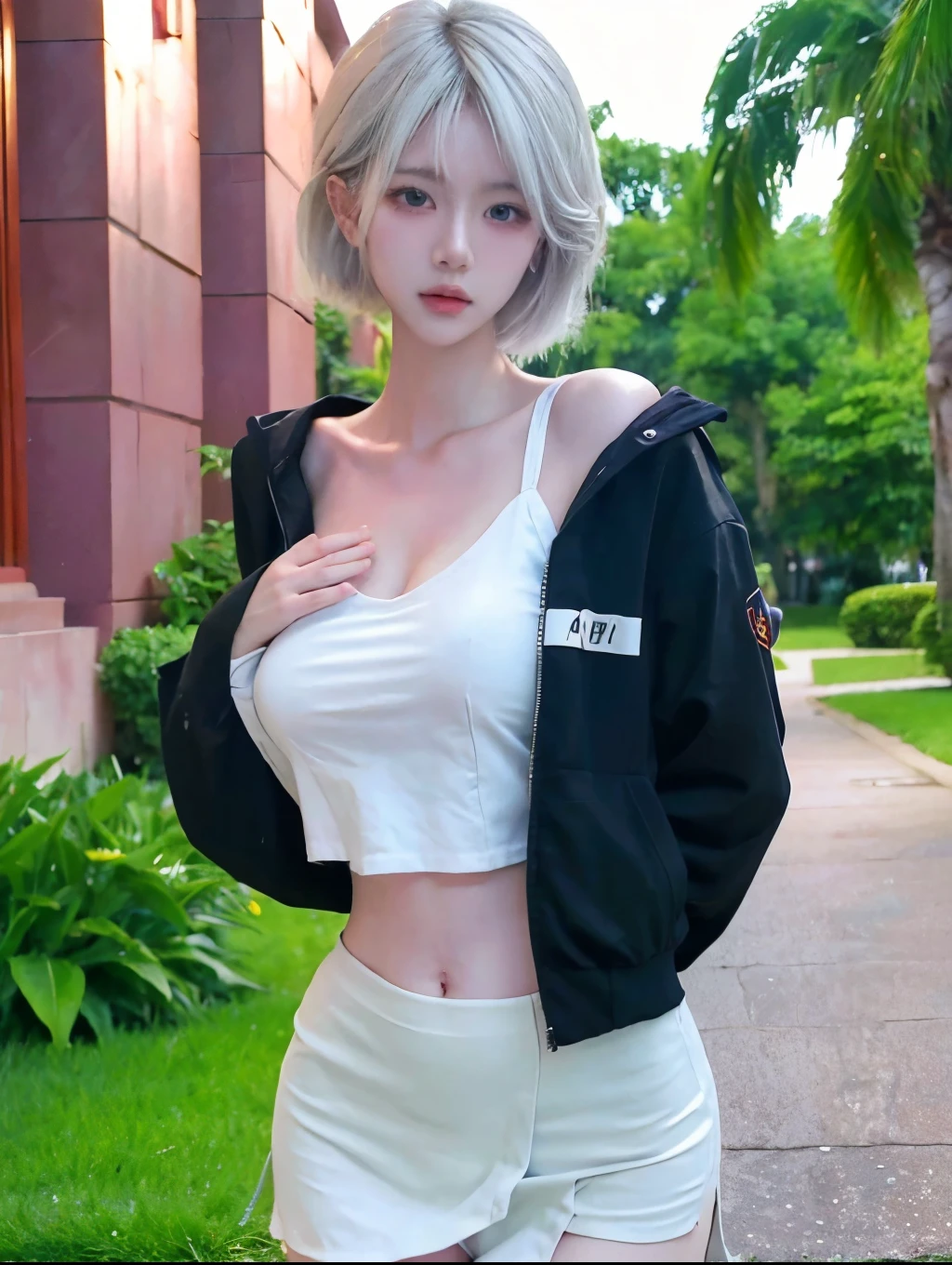 Beautiful woman with perfect figure:1.4,Layered hairstyle,White skin,Prominent cleavage,Bikini:1.5,Super short pleated skirt,whole body,Very delicate facial and skin texture,Double eyelids,Skin Whitening,Long white hair