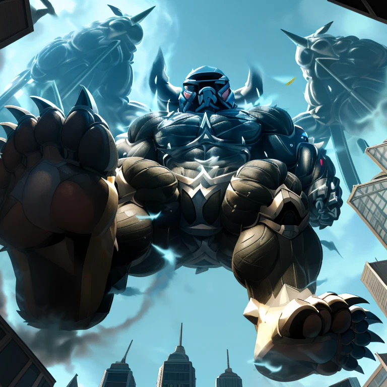 (masterpiece. official art. 8k. best quality. detailed full body. full body.)
(situation 1 : dominating LUCARIO. focus GIANT mechanical Muscular LUCARIO is trampling the CITY. macro. stomp. Low-angle perspective. emphasizing the immense size. The perspective is from below, emphasizing the sheer majesty and power of the Giant. giant art. He is much bigger than a skyscraper. Giga Giants. micro soccer field. looking down. foot focus, (soles:1.2))

(situation 2 :smoke and flames rising from the destruction in the city)

(Additional details 1: wearing a full-face helmet. helmet is jet black. The color of NANOSUIT is jet black. high-tech bio-mecha armor. real texture material. whole body shines like metal. Wearing cyberpunk mecha. emphasizes the muscles. suit fully made of metal. intricate armor. Robotic suit. suit fully made of metal. NANOSUIT with the same design as LUCARIO.). (Lucario has 5 toes.)

(Additional details 2: (Detailed head. Detailed Body. Detailed abs. gigantic muscles. HYPER MUSCLES. Gigachad Muscular. big muscle. pecs. triceps. traps. unusually developed muscular body. body full of huge muscles. showing off muscles. pectorales enormes. Exaggeratedly huge muscles. huge muscles. long legs.).

(Additional details 3: nj5furry, Spread wings. It has wings. black have big wings. The claws are sharp. Sharp teeth.5 toes.). 