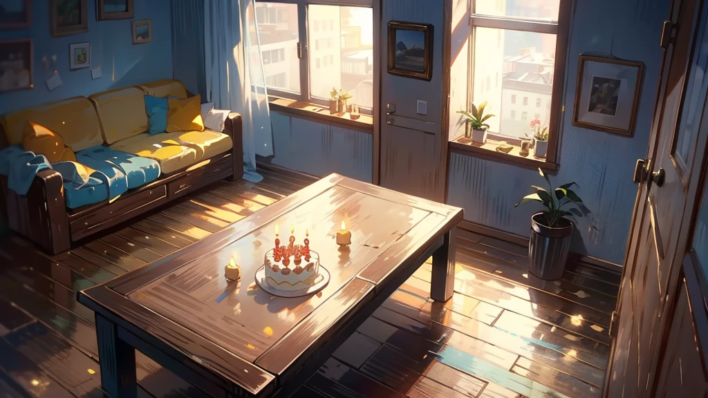 Dark apartment, small birthday cake on old wooden table, modern apartment, alarm clock on the wall,anime scene.Upward shot,No humans