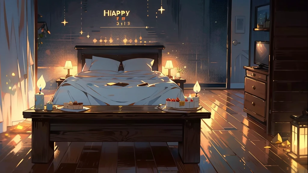 Dark apartment, small birthday cake on old wooden table, modern apartment, alarm clock on the wall,anime scene.Upward shot,No humans
