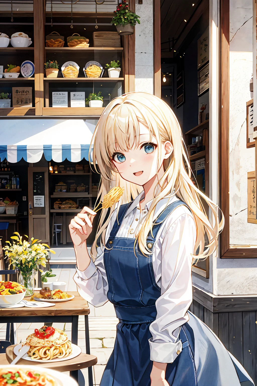 Photorealistic、Highest quality、Highest Resolution、Highest quality、８Ｋ、cute女性、Beautiful Face、One beautiful woman、Light Hair Color、cute、beautiful、Stylish cafe、lunch、pasta、pastaを食べる、