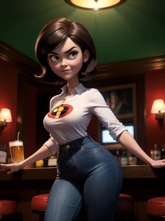(the best quality)), ((highy detailed)), Masterpiece artwork, (eyeballs detallados, eyeballs profundos), (1 girl), Helen Parr, 1 girl, standing alone, ssmile, short body hair, blackw_body hair, eyeballs_cafeteria, darkskin, skin black,curvy mature body, bar background full of men, Helen Parr wears bra and tight denim skirt, Helen is having a beer, tranquil atmosphere, helena
