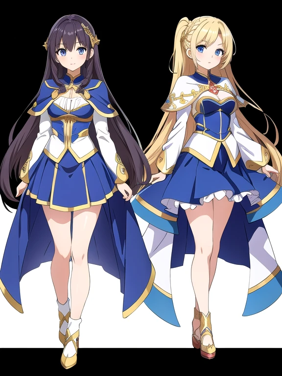 masterpiece, best quality, 2 girls, variety of hairstyles, fantasy costume, ((white background)), full body, multiple views, anime style, capelet, skirt,