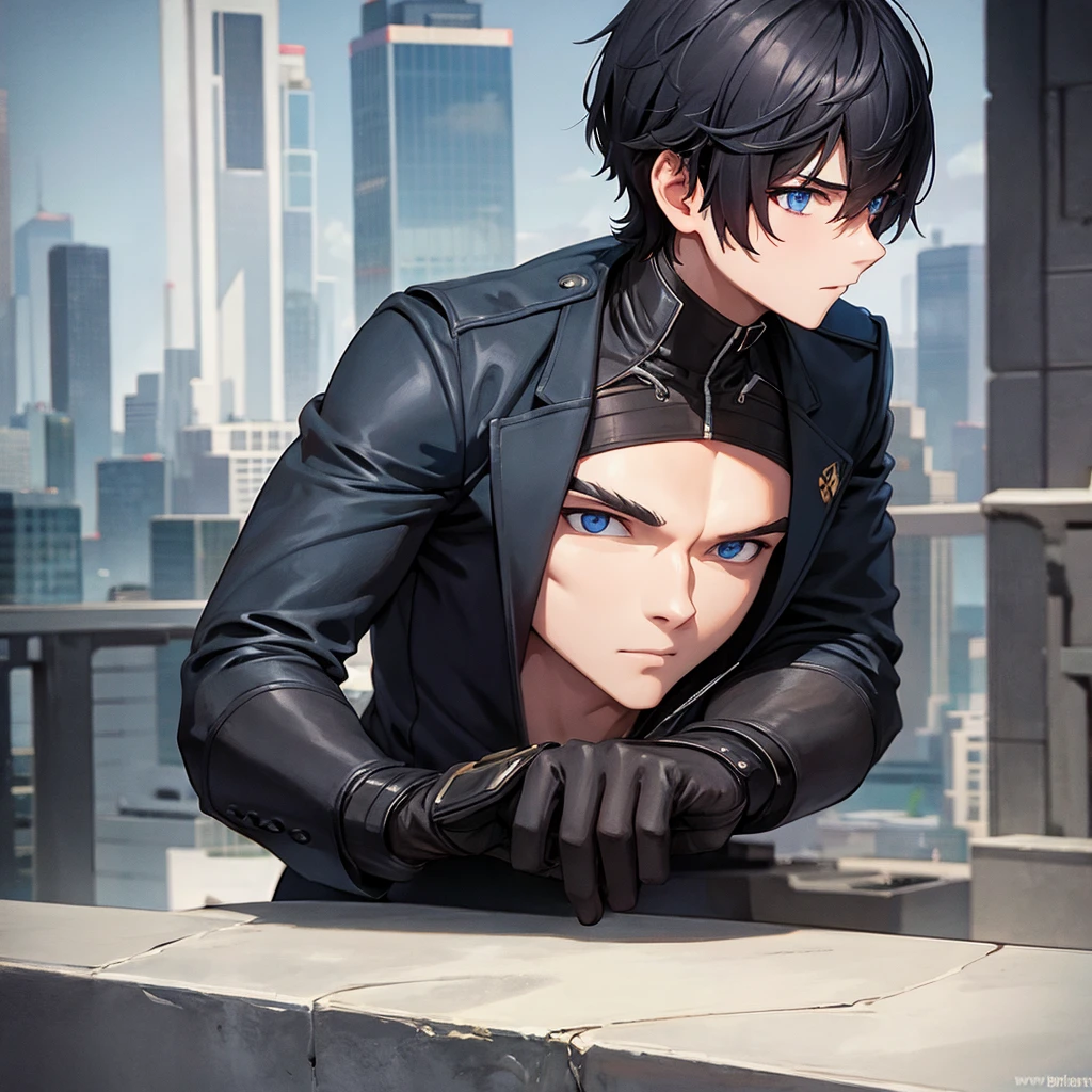 1boy, short black hair, blue eyes, wearing all black suits, on top of a building, high res, ultrasharp, 8k, masterpiece, looking at viewer from behind