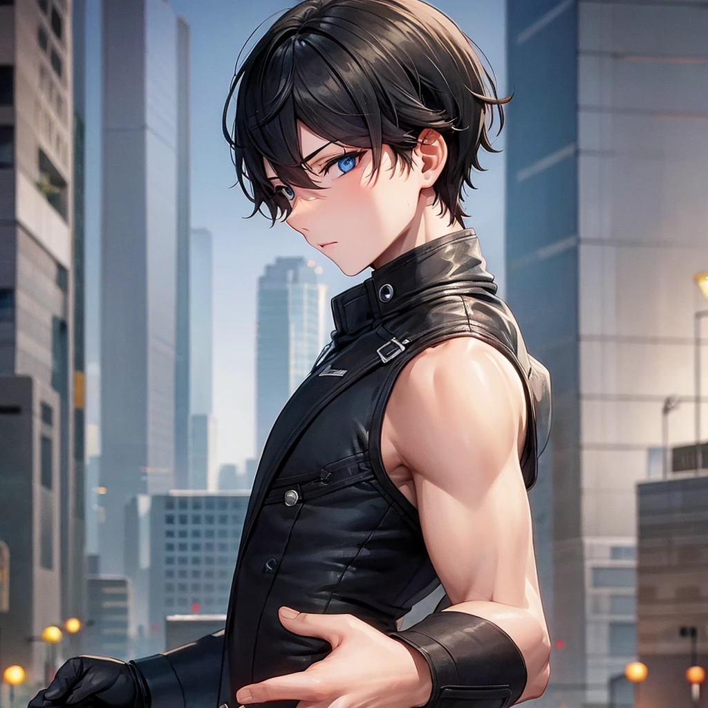 1boy, short black hair, blue eyes, wearing all black suits, on top of a building, high res, ultrasharp, 8k, masterpiece, looking at viewer from behind