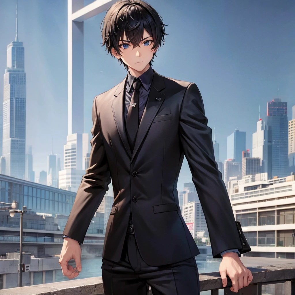 1boy, short black hair, blue eyes, wearing all black suits, on top of a building, high res, ultrasharp, 8k, masterpiece, looking at viewer from behind