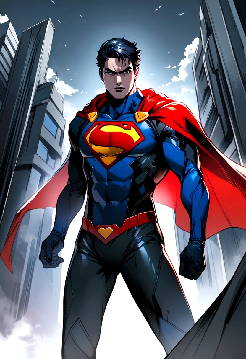 A superhero in a superman suit,but changing its colors ,blue to black and red to gray 