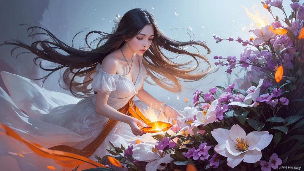 32k, Masterpiece, Highest quality, One girl, Detailed eyes, flower,Alstroemeria, White and orange style,A dreamy, romantic piece,Pale purple, Mysterious Leaves,A playful arrangement,Fantasy,High Contrast,Ink strokes,explosion,Exposure, Impression of white and orange tones,Abstract,((Watercolours by John Berkey and Jeremy Mann )) Brush strokes,Negative Space, Tyndall effect,
