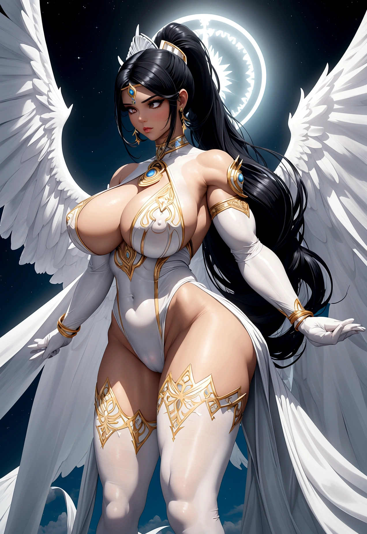 Angel girl with extreme muscular body, gigantic muscular arms, gigantic muscular tights, gigantic erect penis, white cleopatra outfit, fair skin, halo, black angel wings, black hair with ponytail and gigantic breasts.