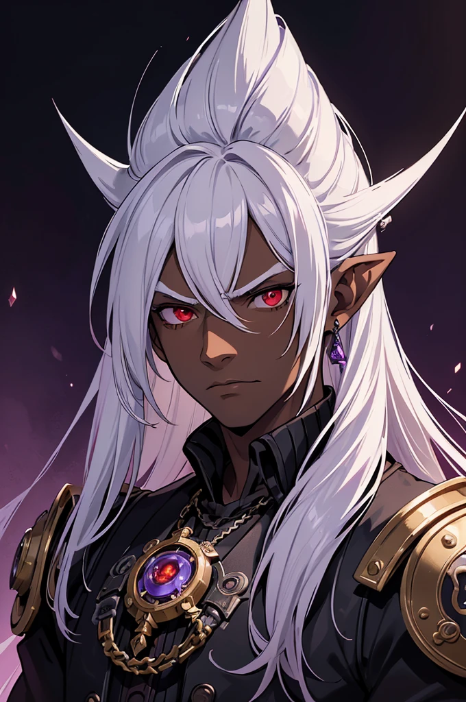 ((best quality)), ((masterpiece)), (detailed), ((1 young man)), ((mix between dungeonpunk and steampunk)), (serious), dark skinned, human, upper body, portrait, red eyes, long white hair, Xemnas from Kingdom Hearts, half-drow, pointy ears, serious face, dramatic lighting, purple hue, art by Kinema Citrus and Tetsuya Nomura