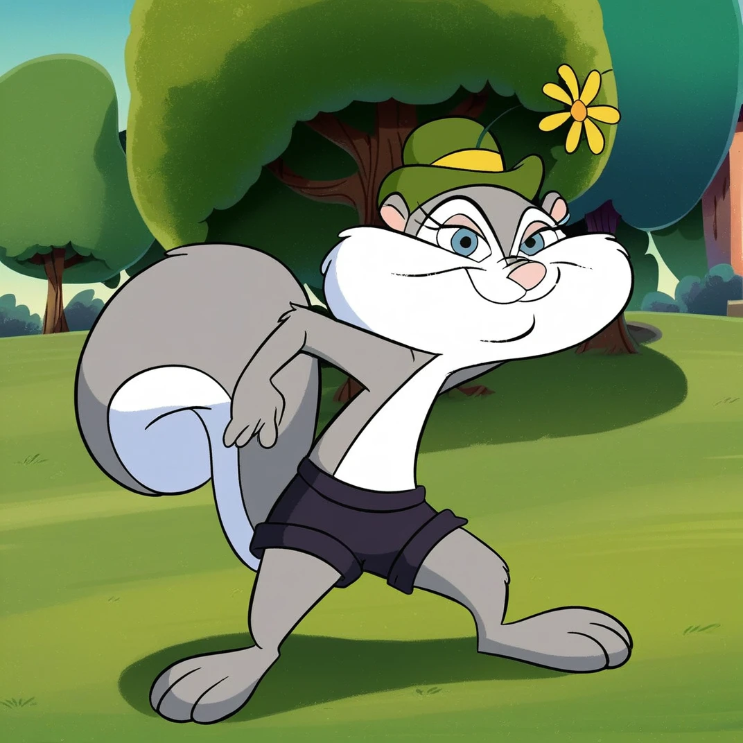 score_9, score_8_up, score_7_up, score_6_up, score_5_up, score_4_up, (Source furry),  slappy squirrel, furry female, 1girl, solo, outside, trees, smile, squirrel girl, looking at viewer, blue eyes, tail, grey fur, two tone fur, hat, wearing black shorts, flower hat, dancing,