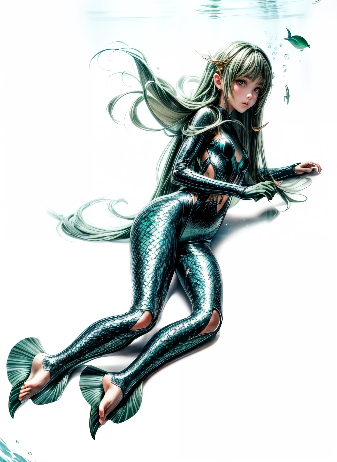 masterpiece, Highly detailed, super realistic, bright Lighting, 
beautiful face, beautiful eyes, 8k,
,1girl, solo,(mermaid style),
(12 year old girl),
(Long straight dark green hair:1.5),
(fin and serif :1.5),(beautiful legs:1.5),
(slender:1.5), (pretty face),(Small buttocks),(Slender thighs),(pretty face),
(There is a fin behind the ear),
(Inside the aquarium),(underwater),
